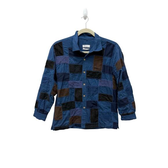 Urban Outfitters Mens Button Up Shirt Blue Patchwork Long Sleeve Size Medium - Picture 1 of 9